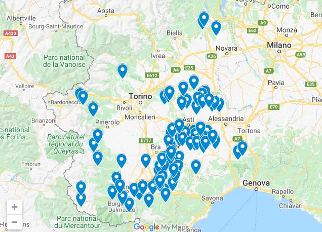 Mappa delle Panchine Giganti in Piemonte