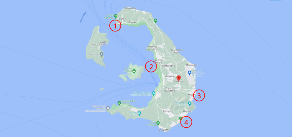 Mappa Santorini per scegliere dove alloggiare