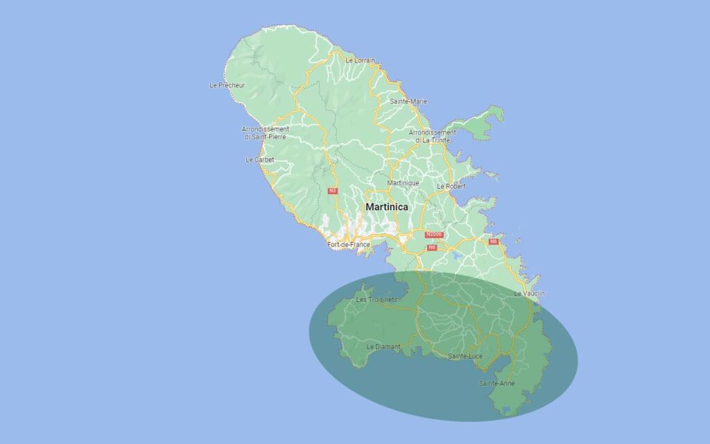 La zona di Martinica dove si concentrano le spiagge caraibiche dell'isola