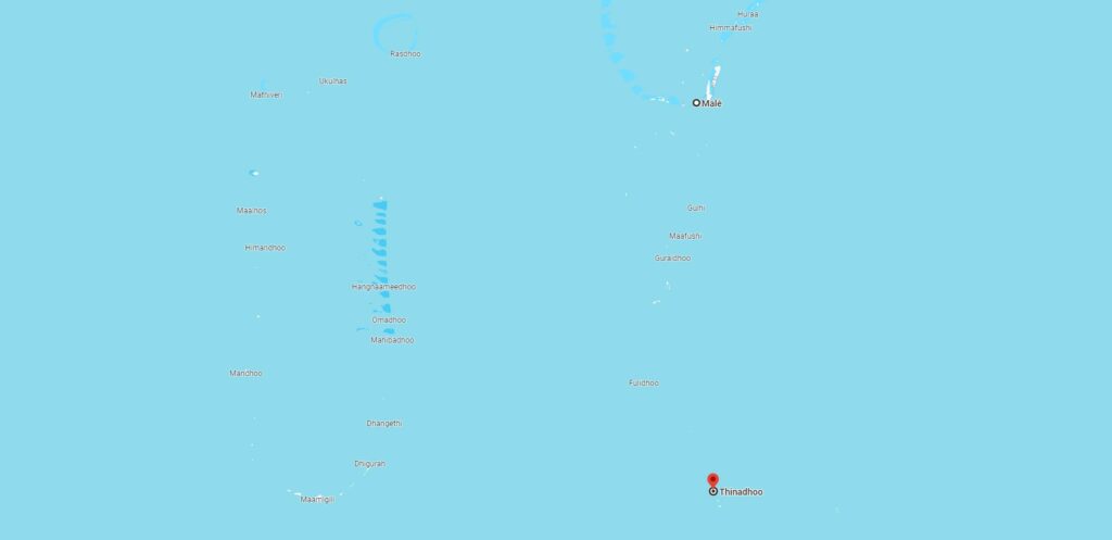 Mappa di Thinadhoo nell'atollo di Vaavu a Sud di Malé